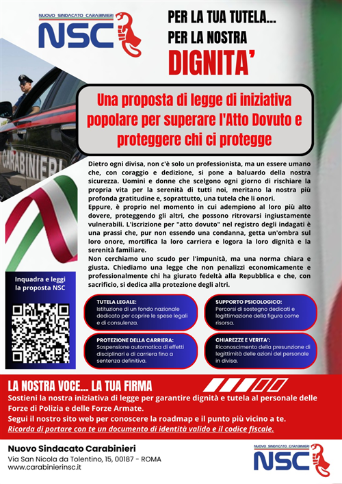 Raccolta firme - Nuovo Sindacato Carabinieri - Disposizioni per il superamento dell'"Atto Dovuto" e per la tutela del personale delle Forze di Polizia e delle Forze Armate nell'esercizio delle proprie funzioni.