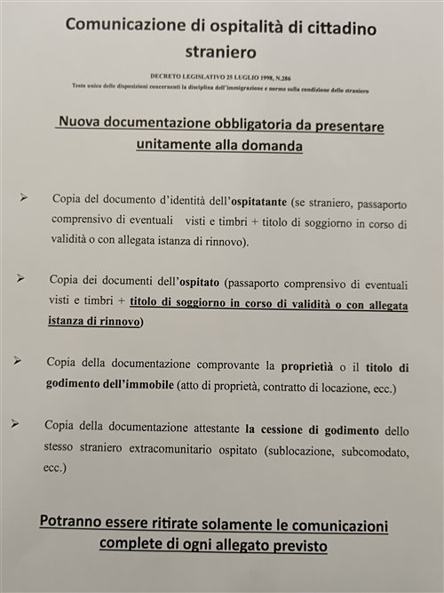 Comunicazione di ospitalità di cittadino straniero -  Nuova documentazione obbligatoria da presentare unitamente alla domanda