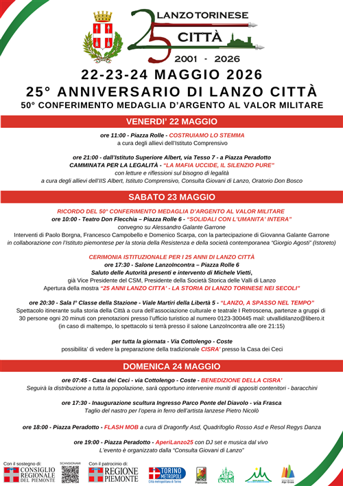 Al via i festeggiamenti per i 25 anni di Lanzo Città: tre giorni tra memoria, legalità, storia e senso di comunità